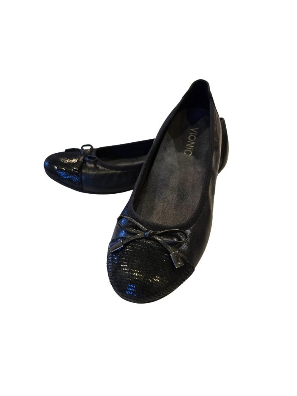 Vionic Minna Black Leather Ballet Flats Cap Toe Bow Women's Size 6 Orthotic